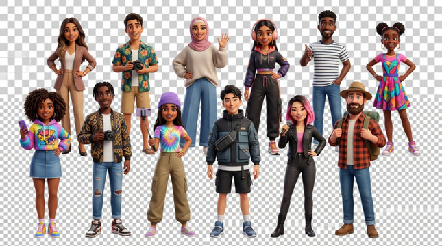 Group of diverse 3D cartoon social media influencers and content creators standing