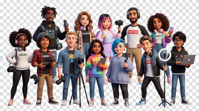 Diverse group of 3D cartoon content creators and social media influencers with gear