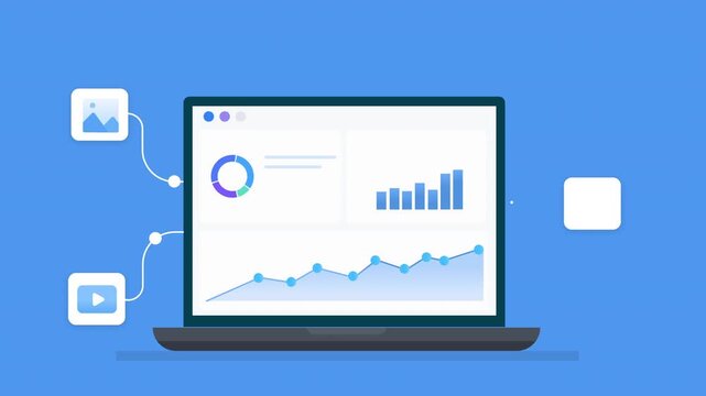 Animated flat illustration of a laptop displaying analytics charts with connected image and video content elements, representing media management and digital workflow.