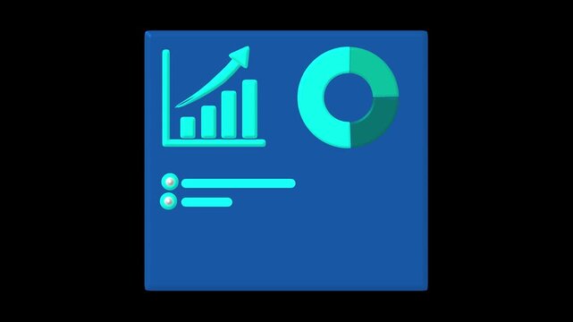 Growth chart animation with 3d pie chart icon. Growth chart business data analytics. Growth chart digital finance graphic on blue background.