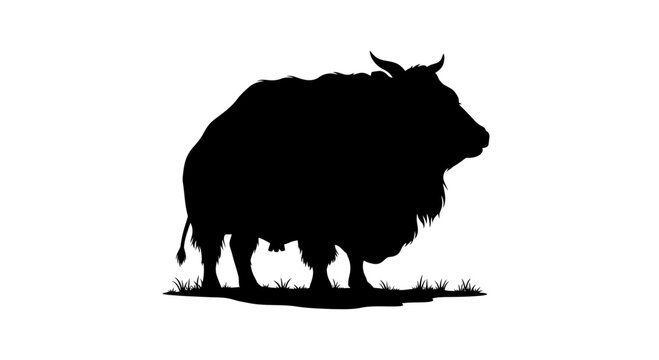 Silhouette of a shaggy domestic yak standing on grass