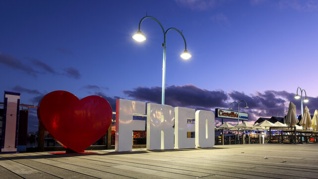 Perth, Western Australia, Australia - April 23 2026: I love Freo sign, at Fremantle Fishing Boat Harbour at twilight. Tourism destination, well known restaurants