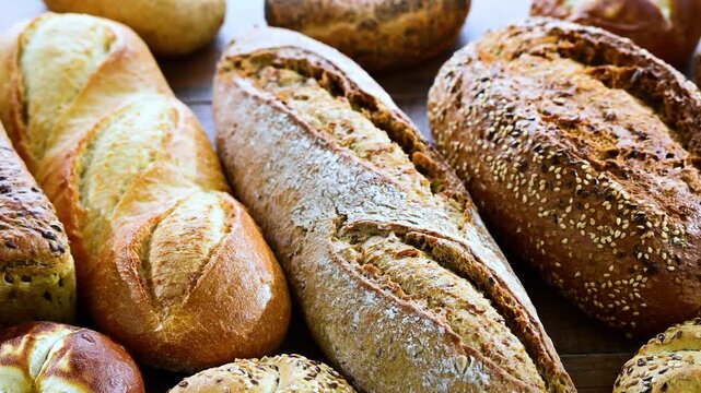 Assorted bakery products including loaves of bread and rolls.