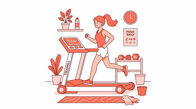 A woman runs on a treadmill in a home gym with plants and equipment.