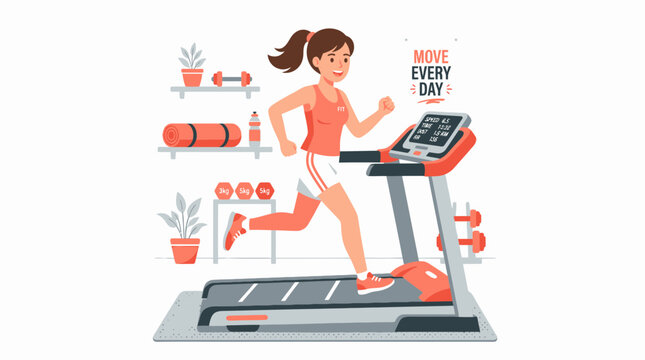 Woman runs on treadmill with fitness gear around her in gym