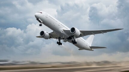 Obraz premium White Commercial Passenger Jet Taking Off from Airport Runway against Dramatic Cloudy Sky - Modern Aviation and International Travel Concept