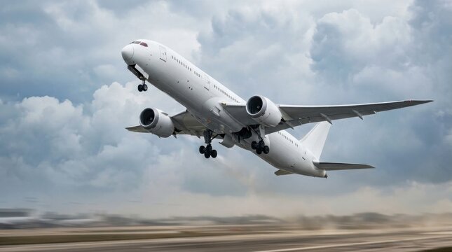 White Commercial Passenger Jet Taking Off from Airport Runway against Dramatic Cloudy Sky - Modern Aviation and International Travel Concept