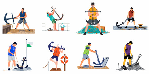Collection of flat vector illustrations depicting men working with heavy ship anchors in various nautical and maritime scenes. © Slamet