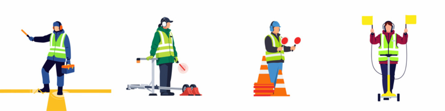 Set of diverse airport ground crew characters in high-visibility gear performing marshalling, signaling, and maintenance duties on a white background.