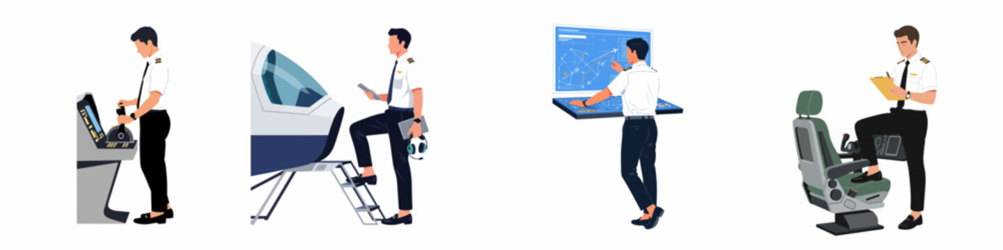 Set of flat vector illustrations featuring a professional male pilot operating flight controls, boarding a plane, and managing flight navigation systems.