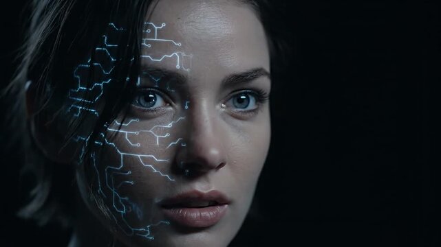 A woman with glowing blue patterns resembling lightning or veins on her face