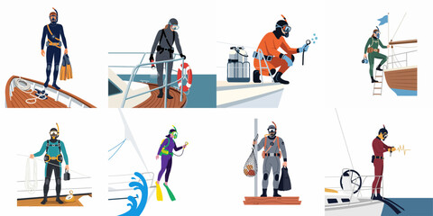 A collection of flat vector illustrations depicting professional scuba divers and snorkelers with equipment on boats, engaged in various underwater activities and preparations. © Slamet
