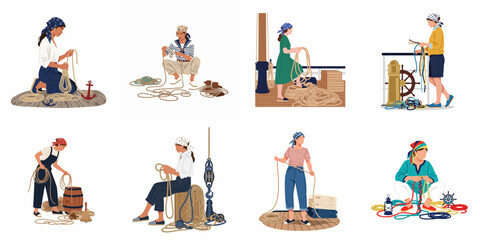 Fototapeta premium Illustrations of women in nautical fashion working with ropes, anchors, and ship equipment, set against various maritime backgrounds.