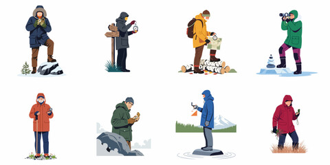 Set of flat vector illustrations depicting male explorers and hikers navigating diverse outdoor terrains using compasses, maps, and binoculars in cold weather gear. © Slamet