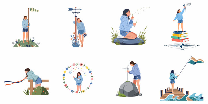Collection of illustrations featuring a young woman interacting with elements of nature, wind measurement tools, and outdoor scenery in a flat vector style.