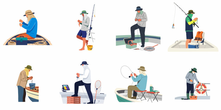 Collection of flat vector illustrations of fishermen in protective clothing preparing gear and fishing from various boats.
