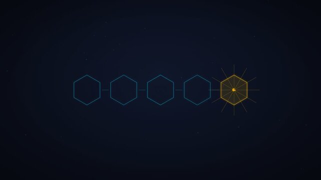 Cyan Connected Hexagon Data Chain With Highlighted Gold Hexagon