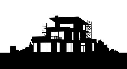 Fototapeta premium Modern house construction silhouette with scaffolding and trees