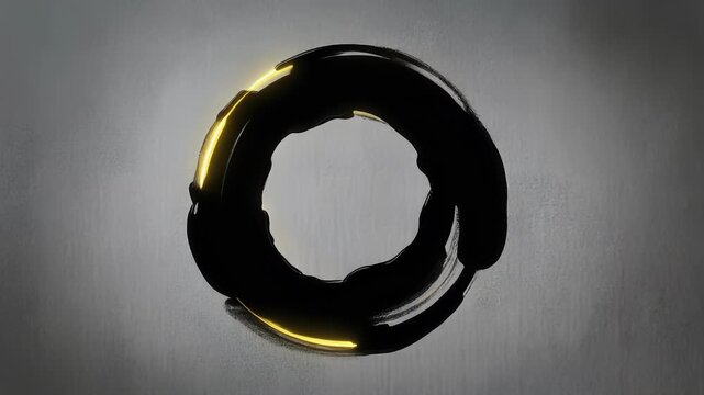 A close-up shot of a shiny black metallic ring with yellow highlights on a gray background