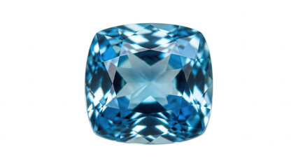 Fototapeta premium A cushion cut blue topaz gemstone with multifaceted surface reflections isolated on a solid black background, view perspective