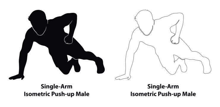 Male athlete performing single arm isometric push up exercise silhouette and outline vector illustration for fitness workout and strength training