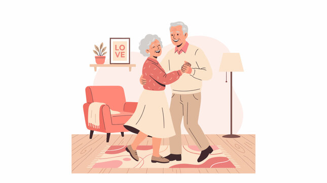 Elderly couple dancing together in a cozy living room with furniture