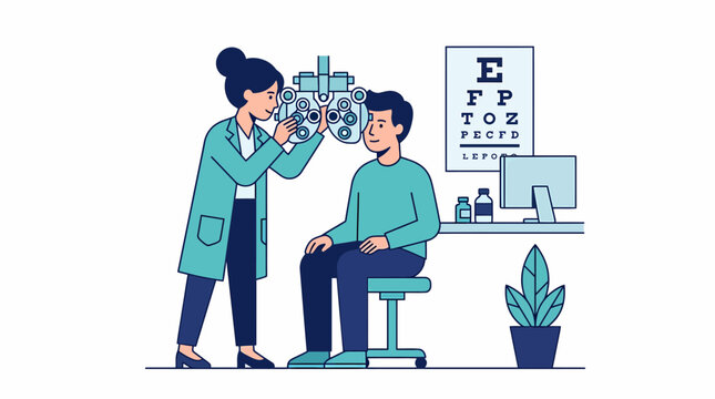 A woman conducts an eye examination on a seated man in a clinic.