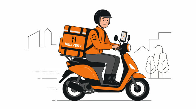 Delivery rider on scooter with box navigating through city streets