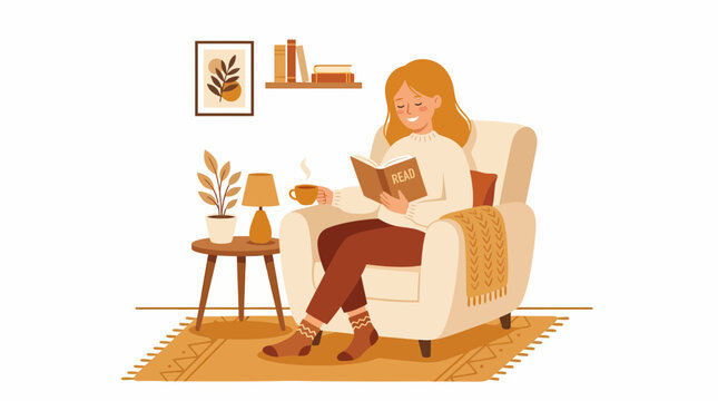 Woman reading book sitting on cozy sofa in living room with lamp