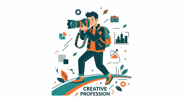 A photographer walks through a cityscape capturing images with a large camera