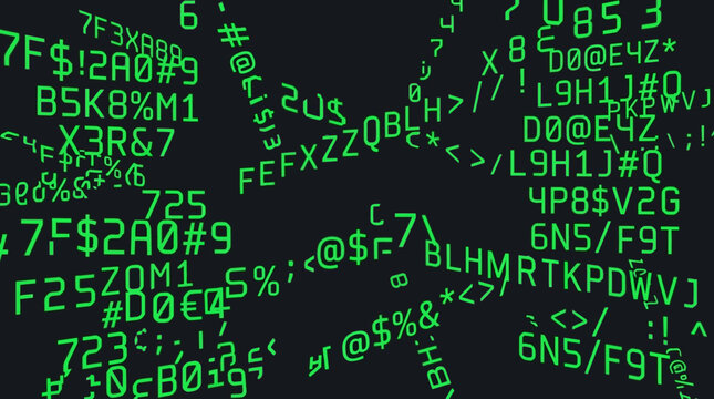 Green code symbols fill the screen with various characters and numbers