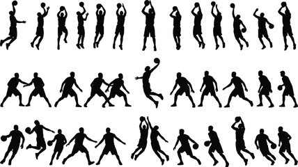 Large collection of basketball player silhouettes featuring athletes jumping dunking dribbling and shooting in various dynamic action poses © Md