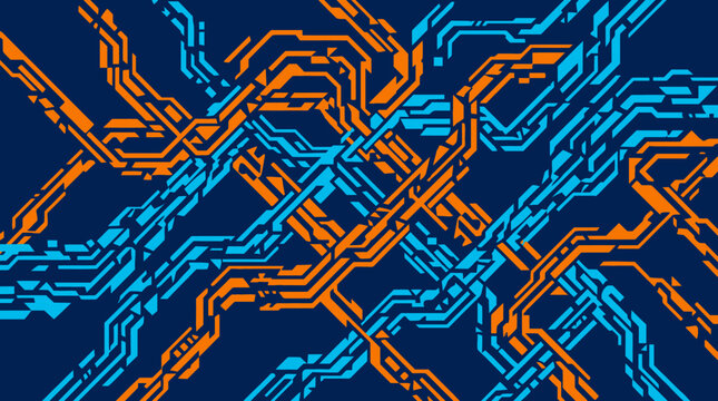 Vibrant orange and blue chains intersect on a dark background