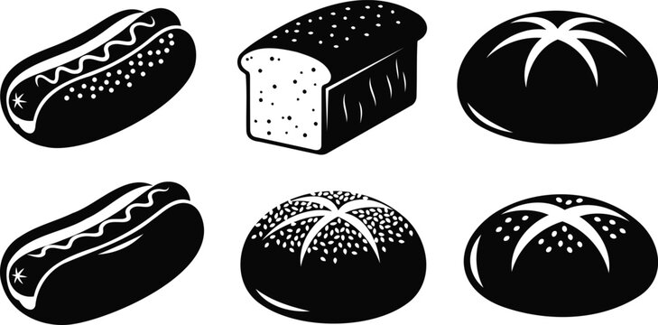 Vector silhouette illustration of hot dogs and bread on transparent background.