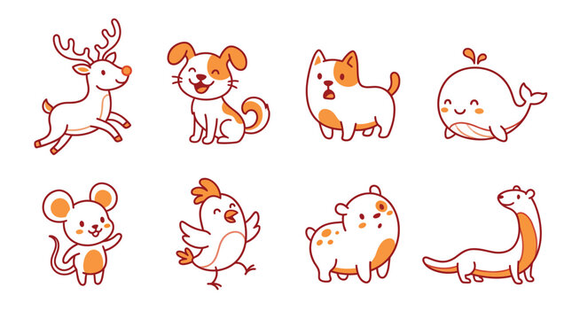 Animals cartoon doodle set with cute orange and white creatures including deer, dog, cat, whale, mouse, bird, bear, and weasel on white background