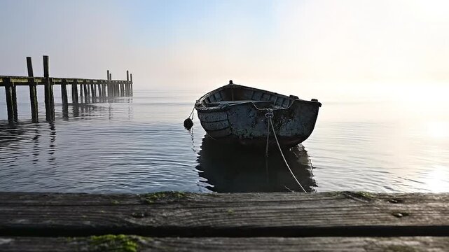 Abandoned Fishing Boat Drifting Beside Old Wooden Pier in Morning Mist