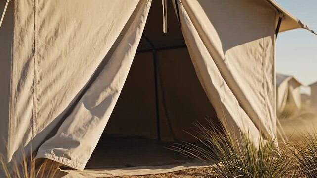 Humanitarian Relief Tent Entrance Moving Gently in Morning Breeze