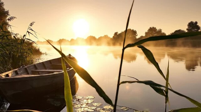 Abandoned Wooden Boat Resting on Foggy Riverbank at Sunrise