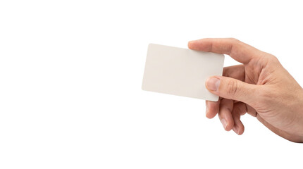 Obraz premium Blank business card held by male hand, white paper card mockup for branding, person holding empty name card for corporate identity isolated PNG with Transparent Background