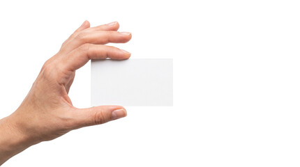 Obraz premium Blank business card held by human hand, white paper card mockup for corporate branding, professional identity card template isolated PNG with Transparent Background