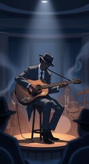 Fototapeta premium A jazz musician performing on stage with a guitar in a dimly lit club.
