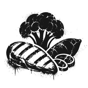 Grunge-style illustration of bread and vegetables on white background