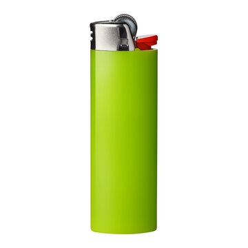 Green plastic lighter, isolated on cutout transparent background