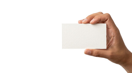 Obraz premium Blank business card held by hand, professional white paper card mockup, person showing empty name card for corporate branding and contact information isolated PNG with Transparent Background