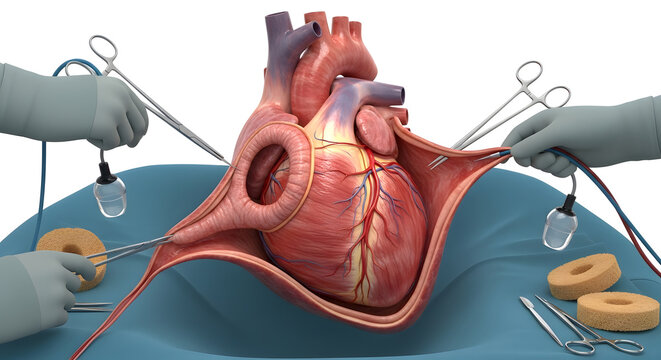 Open Heart Surgery Operation With Exposed Human Heart In Surgical Operating Room

