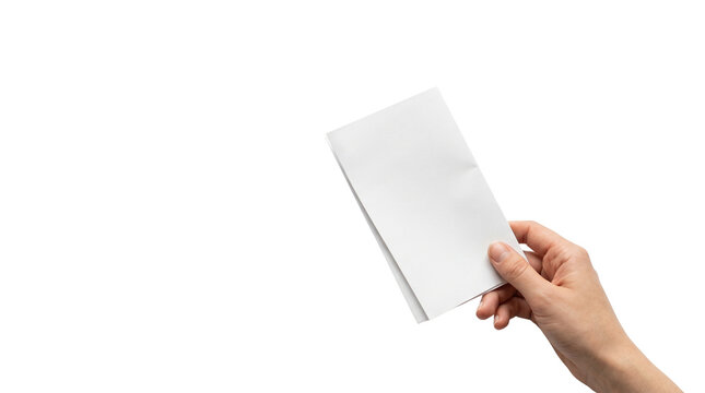 Blank white paper flyer held in hand, minimalist business card mockup for branding, clean paper sheet for message or invitation isolated PNG with Transparent Background
