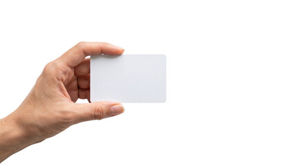 Obraz premium Blank business card held by hand, white plastic credit card mockup for branding, empty identification name card for corporate identity isolated PNG with Transparent Background