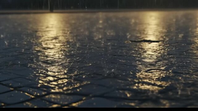 Rain falling on a wet cobblestone street at night with reflections of streetlights.