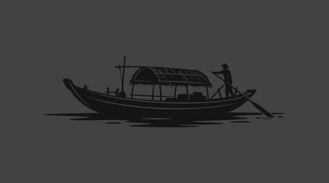 A man rows a traditional boat across calm waters at dusk