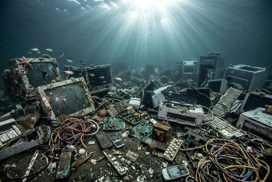 Underwater E-waste Dump with Old Computers and Electronic Pollution